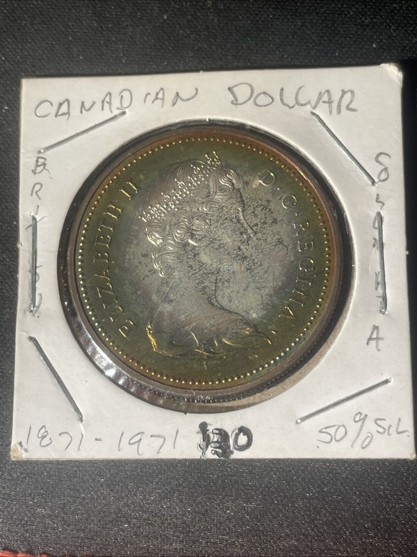 Rainbow Toned 1971 Canada 1 Dollar Elizabeth II British Columbia 0.500 Silver