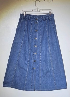 Liz Claiborne Lizwear Denim Button-Front A-Line Midi Skirt Cotton Blue 14