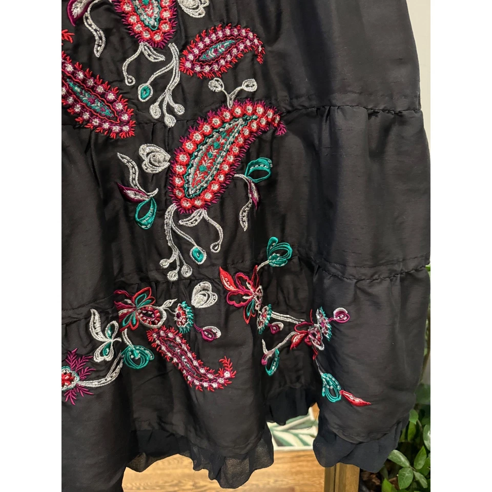 Falda Boho Vintage Años 90 Western Silk Carole Negra Bordada en Niveles Paisley 12 Foto 3 de 4