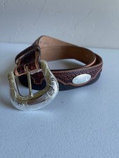 New Tony Lama Americano Brown Black Silver Tone Tooled Leather Belt Studded 36