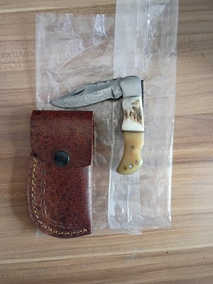 Lockblade Folder Antler/Bone Damascus Steel, Custom Made, Leather Sheath, Read