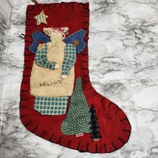 Vintage Christmas Tree Stocking 21" Angel Felt Primative Folk Country Stars 