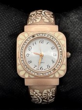 Rose Gold Tone Floral Cuff Watch Rhinestone Boho Wide Bracelet Quartz Japan Movt