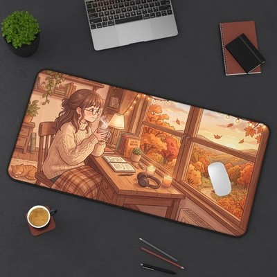 Lo-Fi Study Desk Mat | Glasses Anime Girl Cozy Autumn Study Gaming Mousepad
