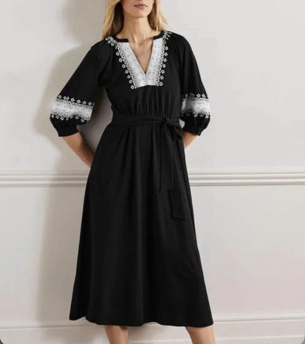Vestido midi jersey con ribete de ganchillo bordado negro BODEN talla UK10R RRP£160 - Imagen 2 de 7