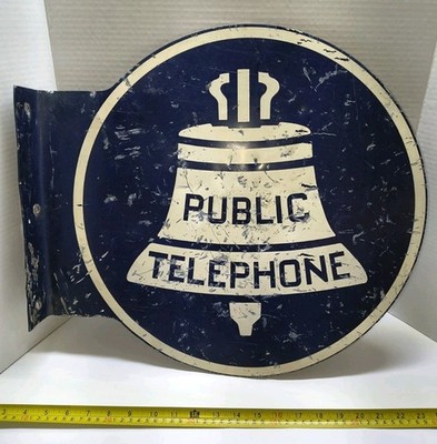Vintage Bell Systems Public Telephone Double Sided Flange Sign Painted Metal