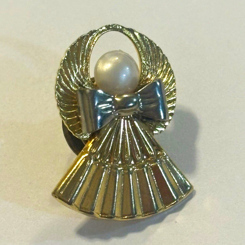 Vintage Gold Tone Angel Tie Tack Faux Pearl Lapel Pin Guardian Angel