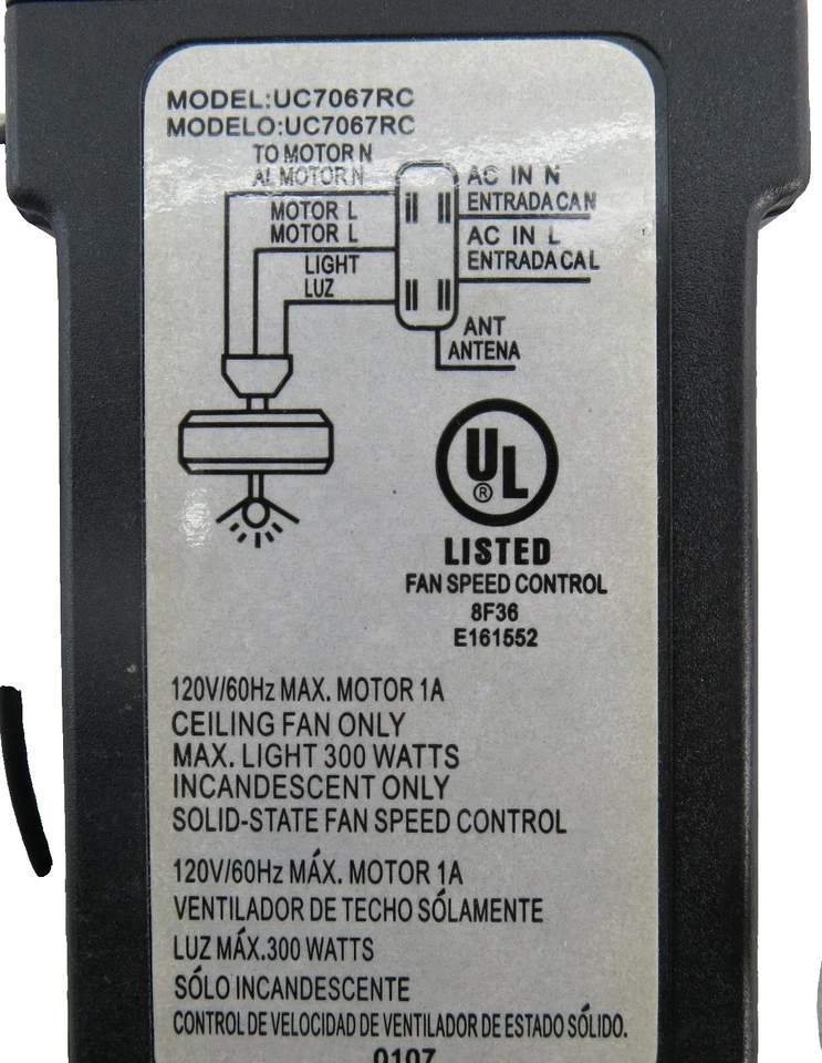 Hampton Bay Replacement Ceiling Fan Motor Control Receiver UC7067RC Black/Green - Image 3 of 4