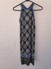 Max Studio Boho Sundress XS Navy Blue Yellow White Strappy Built In Bra