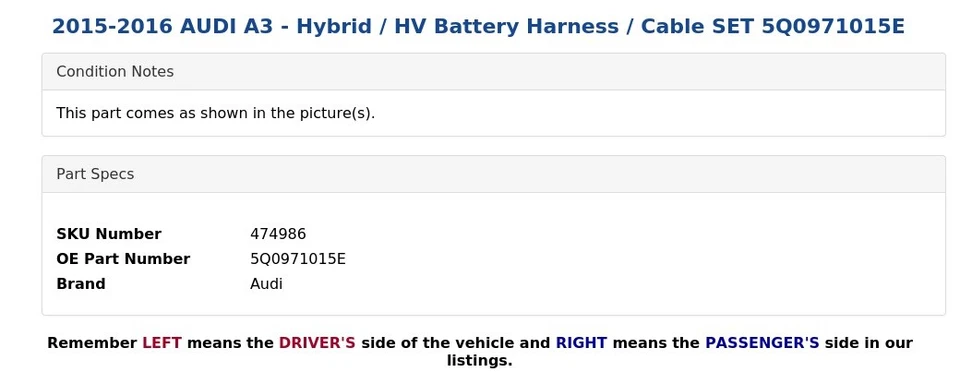 AUDI A3 2015-2016 - Juego de cables/arnés de batería híbrido/HV 5Q0971015E Foto 3 de 4