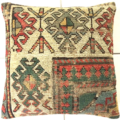 Antik Kissen Teppich Retro Kaukasus Orient Handgeknüpft Grün Caucasus Rug Pillow - Bild 1 von 4