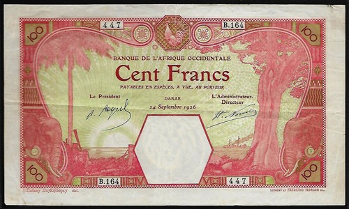 AO.F SENEGAL DAKAR 100 FRANCS 24 SEPTEMBER 1926 Serie B.164 Nr.447 Sehr Frisch