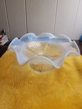 Vintage Northwood Button Panel Clear Milk Glass Compote Opalescent Dish Ruffled 