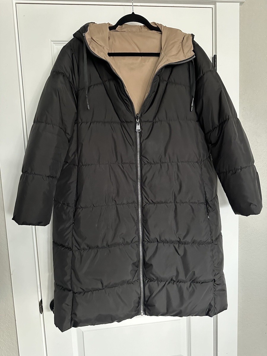 Zara Black/ Brown Hooded Reversible Long Puffer Winter Coat Women