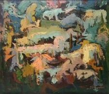 ABSTRACT SWIRLING LANDSCAPE 20th C. ARTIST SIGNED ORIGINAL O/B DALI-ESQUE