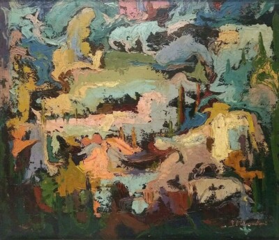 ABSTRACT SWIRLING LANDSCAPE 20th C. ARTIST SIGNED ORIGINAL O/B DALI-ESQUE