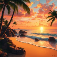 Digital picture Art of Sunset at beach with palms Tree PNG fprintable file