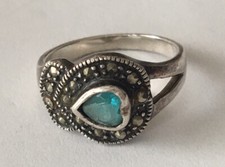 Vintage 925 Sterling Silver Blue Topaz Heart Marcasite Ring Size 6