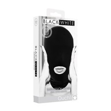 Ouch Black White Submission Mask Hood With Open Mouth Lightweight Black