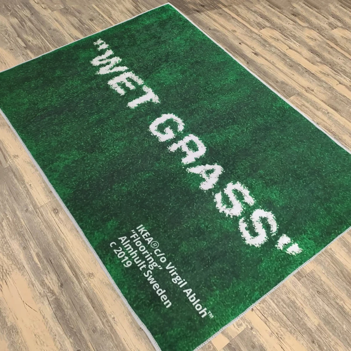 off white ikea rug wet grass