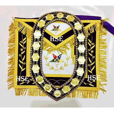 MASONIC REGALIA GRAND PATRON APRON HAND EMBROIDERED WITH CHAIN COLLAR