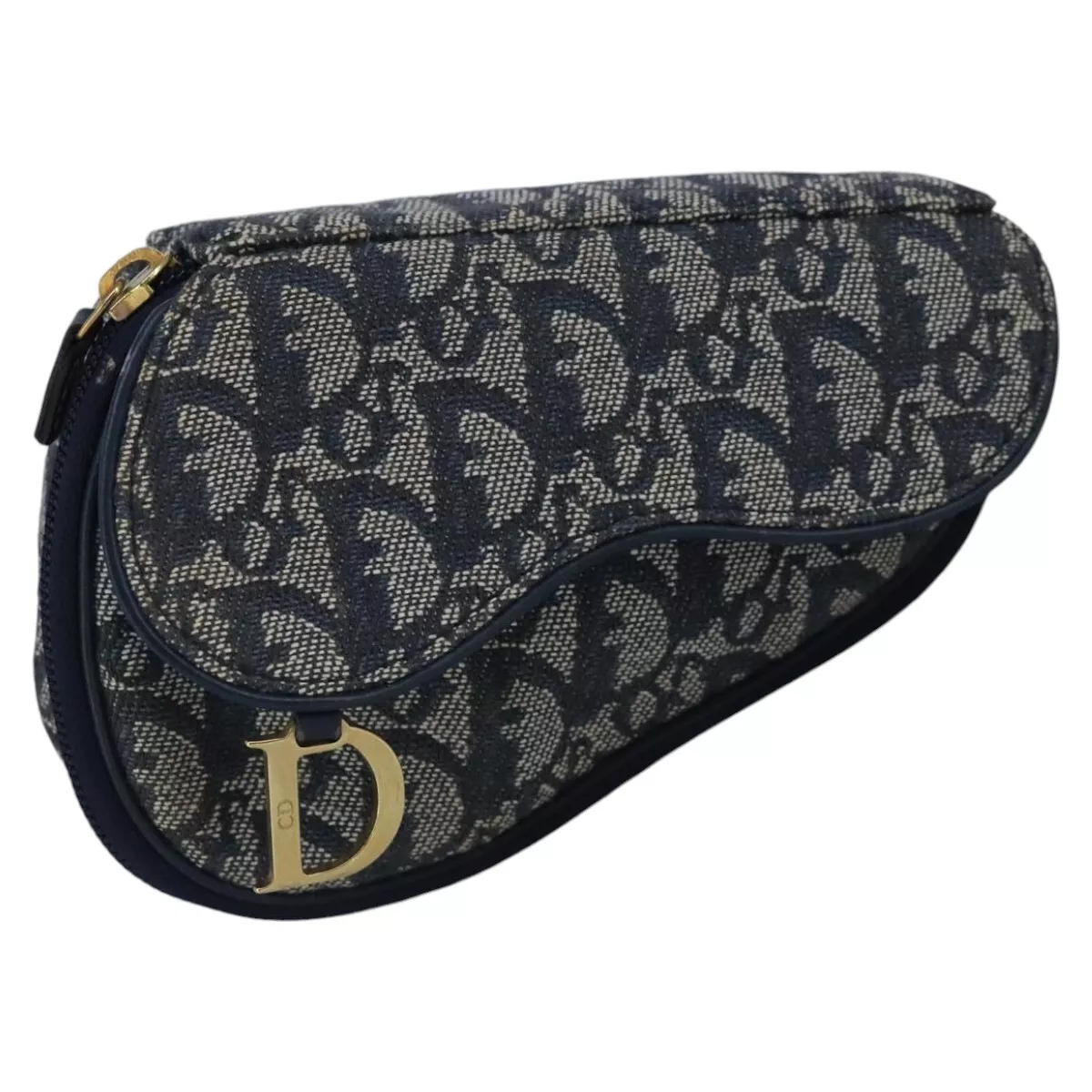 Pochette de selle toile Christian Dior trotteur bleu marine or authentique 99839