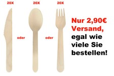 Einwegbesteck 20 Holzgabeln  Holzmesser  Holzlöffel 16cm Holzbesteck Streetfood