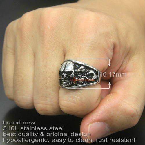 Men's Retro Stainless Steel Pirate Skull Cross Bones Ring Jolly Roger Band - Picture 2 of 9