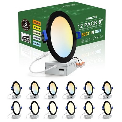 12 Pack 6 Inch Black 5CCT Reset LED Recessed Ceiling Light with Junction Box,...