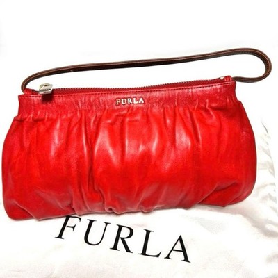 Excellent Condition FURLA Handbag Red Vermilion Pleats Leather