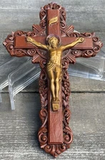 Handcarved White Ash Wood Cross INRI Gold Accents 8.5”