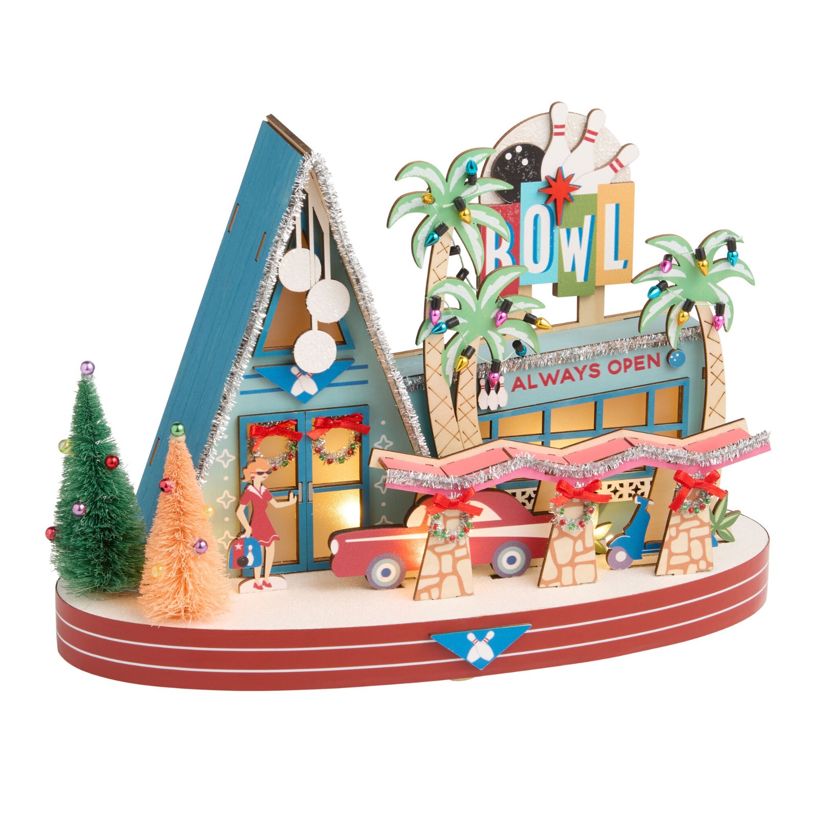 NEW SEALED MID CENTURY CHRISTMAS BOWLING ALLEY LIGHT UP LED DECOR TIKI A FRAME !