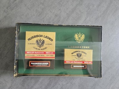 Vintage Russisch Leder A. Moras & Comp. Geschenkset Rasierwasser Herrenseife OVP