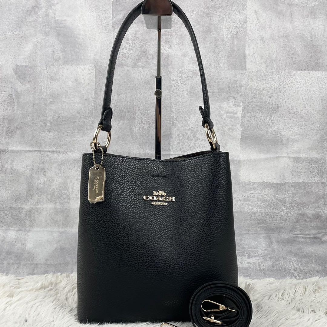 Coach Molly Embossed Logo Black Leather 2-Way Shoulder Bag Unisex Pre-Owned