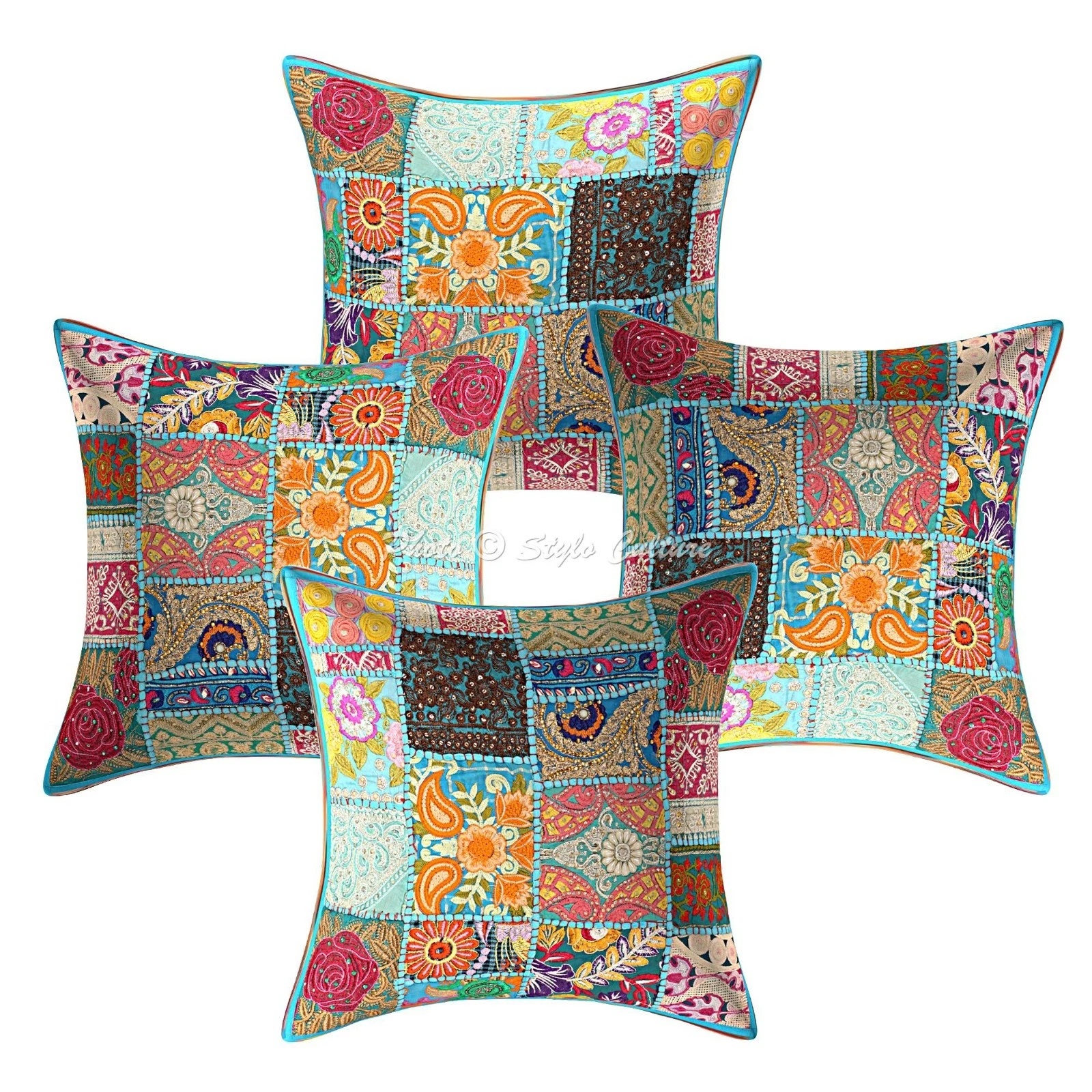 Ethnic Cotton Throw Pillow Covers Vintage Patchwork Turquoise 18 Inch Home Decor