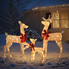 LEADZM 3pcs 4FT Champagne Gold Family Elk Glitter Net Fabric Christmas ElK