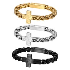 Men's Bold Byzantine Cross Chain Stanless Steel Bracelet Faith Religious Gift