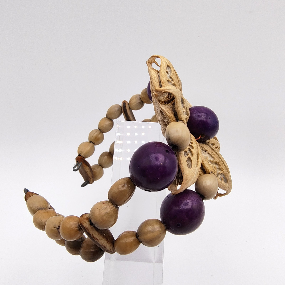 Hawaiian Style Flower Cuff Bracelet Natural Seed Pods Kukui Nut Purple Wood Bead View 3