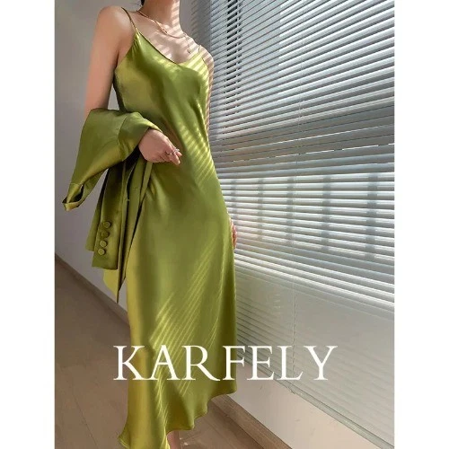 OFF WHITE Elegante abito in raso con scollo a V KARFELY stile giapponese abito midi con spalline in acetato