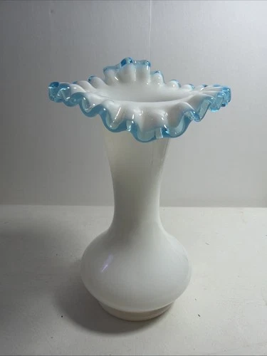 Fenton Aqua Crest Milk Glass 8” Vase Crimped Blue Edges 1941-1953 Vase