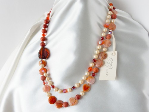 Larzo Necklace set with Earrings Orange Fire Agate Glass Faux Pearls Czech Glass - Picture 16 of 19