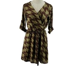 Stacy Brown & Tan Faux Wrap Dress S Made In USA 3/4 Sleeves Elastic Waist Animal