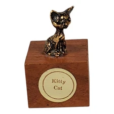 Mini Metal Gold Tone & Black Sitting Kitten Figurine on Wood Base Estes Park Vtg