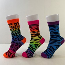 Rainbow Animal Print Socks 3-Pack - Neon Leopard Zebra Patterns