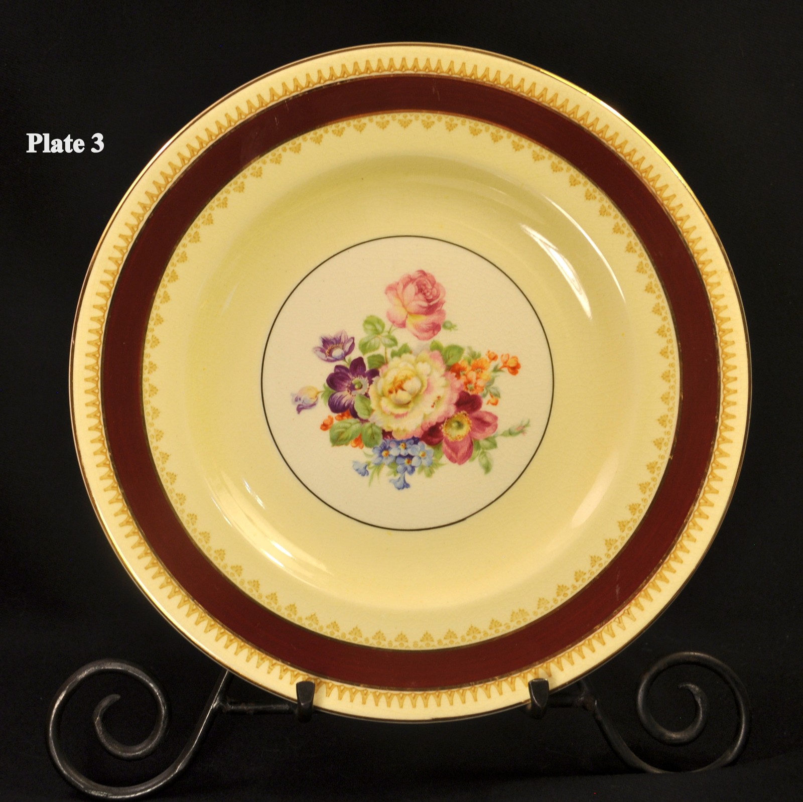Wood & Sons 4 Plates 10 3/4" Ironstone Yellow Maroon Band Roses w/Gold 1907-1910