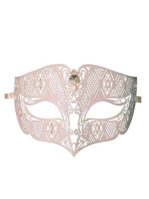 White with Pearl and Crystals Men's Metal Filigree Masquerade Mask