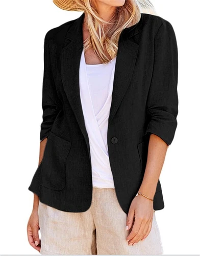 Mujeres Blazer de Algodón Manga 3/4 Acanalado Forrado Traje Informal Elegante Chaqueta de Trabajo Asiática - Imagen 18 de 33