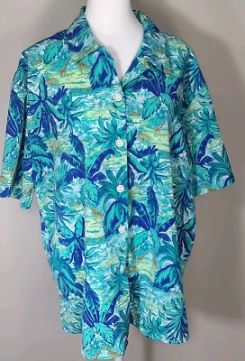 Nikki Polyester Jungle Button Up Sz XL Short Sleeve Blue Giraffe