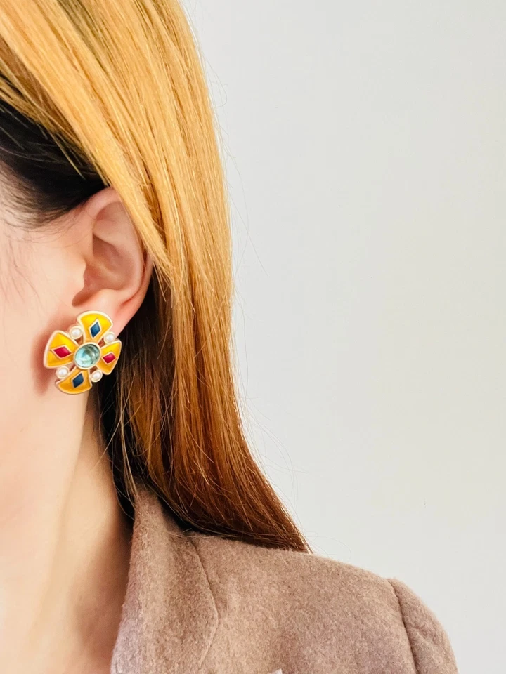 Cristales cruzados perlas de diamantes azul marino rojo verde retro clip pendientes oro mujer ella Foto 3 de 4