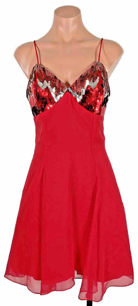 red chiffon skater dress Vintage Y2K Dave And Johnny Dress Red Beaded Bodice Red Chiffon Skater Size  3/ 4